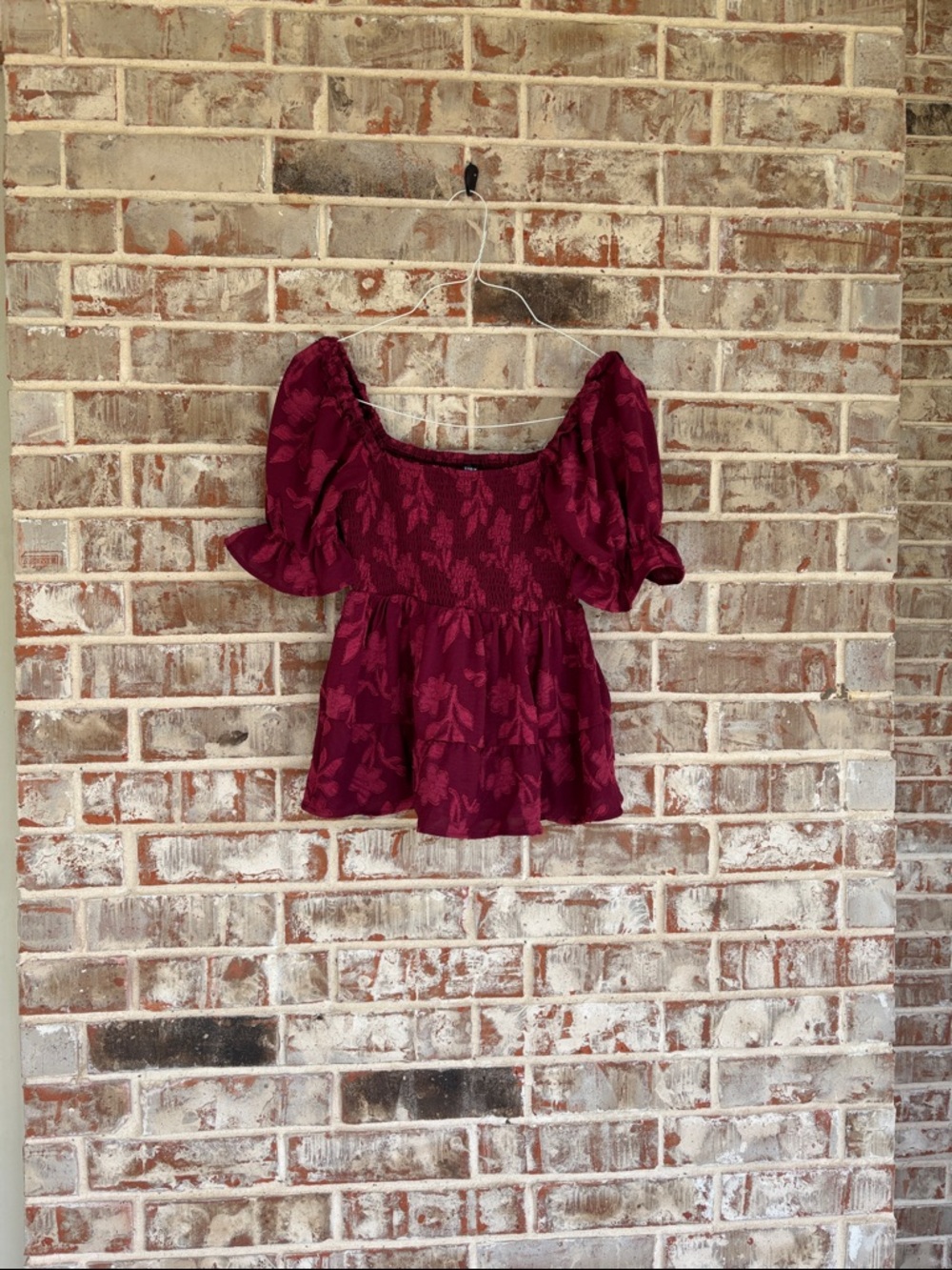 Shein Burgundy Jacquard Smocked  Puffed Sleeve Babydoll Top